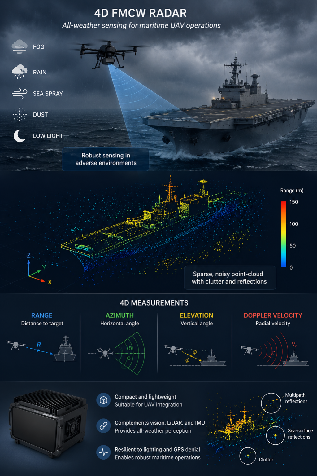Concept illustration of a UAV using 4D FMCW radar to observe a ship in poor weather. The four measurements are range, azimuth, elevation, and Doppler velocity; the illustration also shows radar point clouds and challenges from clutter and reflections.