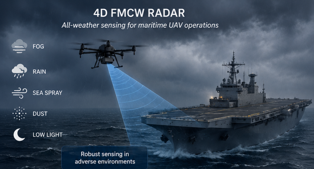 Concept illustration of a UAV using radar to observe a ship in adverse weather.