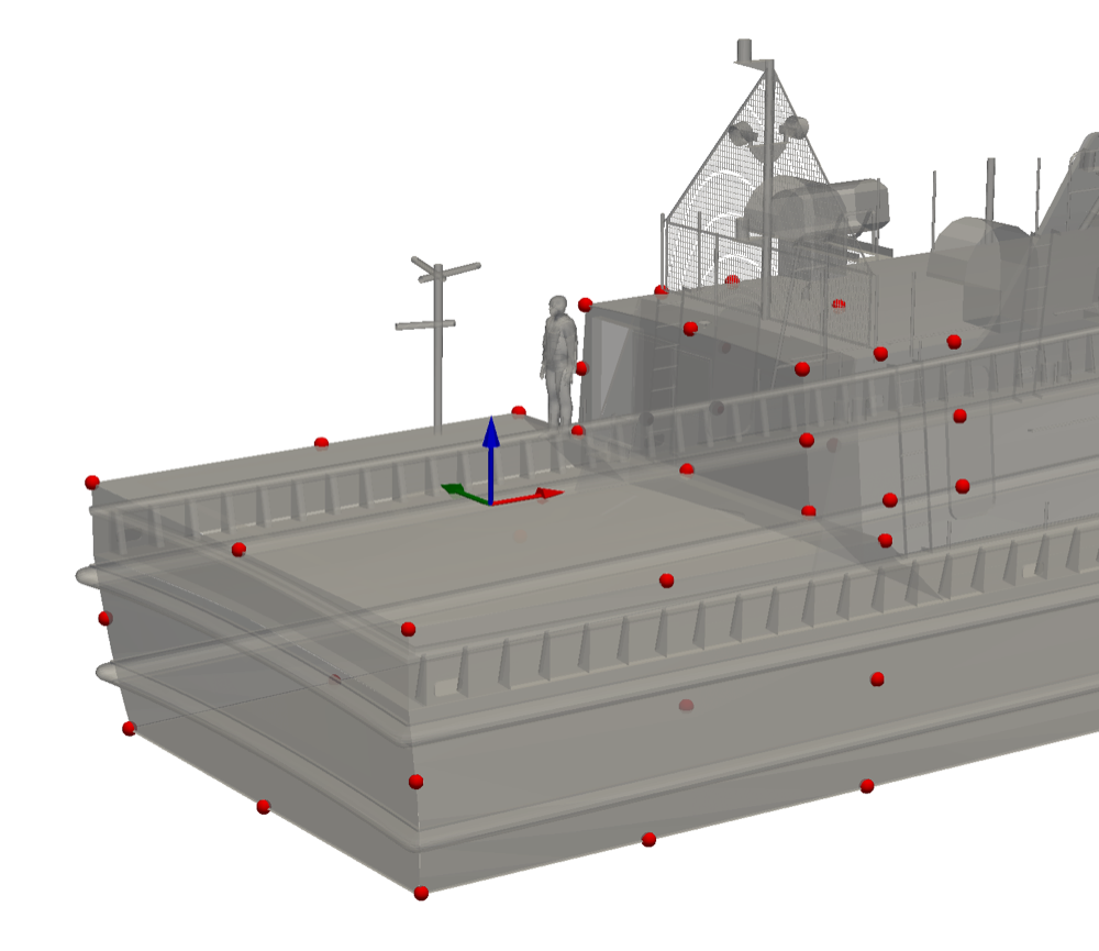 Red canonical keypoints distributed around the stern and superstructure of the ship model.