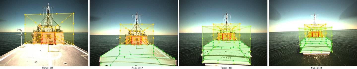 Predicted ship keypoints and bounding boxes under strong sunlight and overexposure.