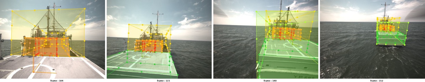 Predicted ship keypoints and bounding boxes overlaid on real shipboard images under normal exposure.