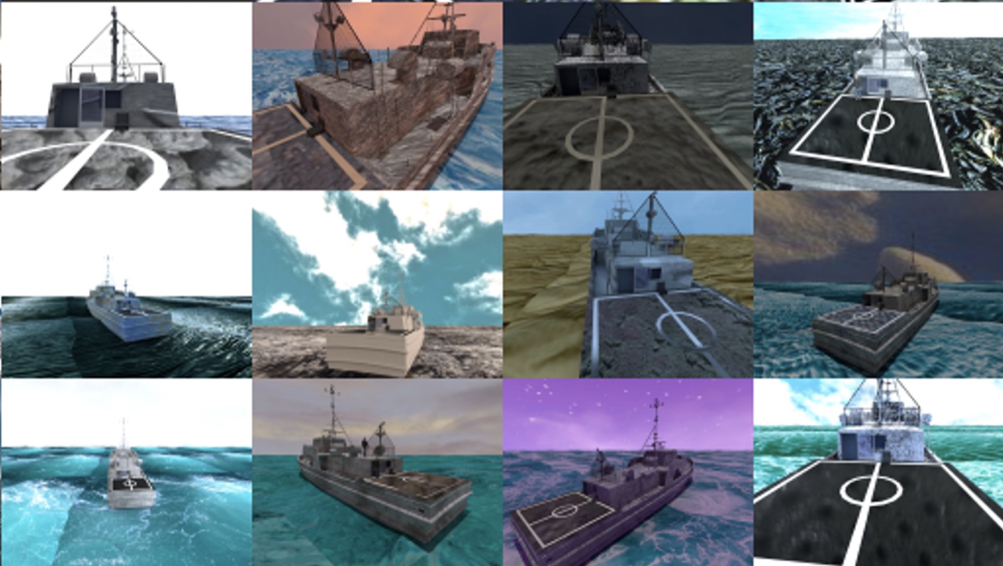Synthetic ship images with varied viewpoints, vessel textures, skies, and ocean backgrounds.