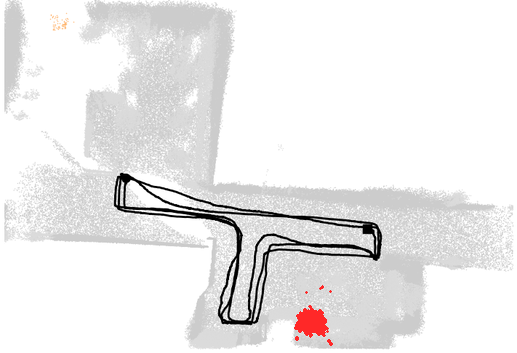 The retrieved object highlighted in red in the reconstructed office map, alongside the estimated camera trajectory.