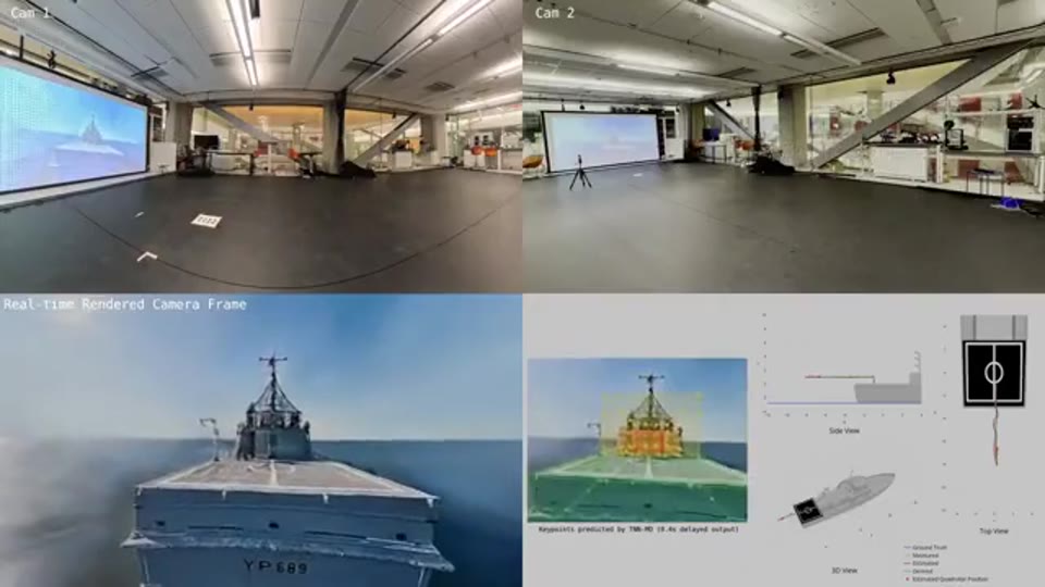 Indoor UAV flight alongside rendered ship views and onboard pose estimates.